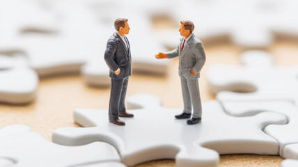 Two business figures meeting on interlocking puzzle pieces, conveying negotiation partnership and strategic alignment to solve complex challenges.