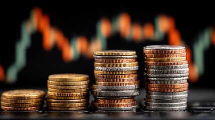 Detailed Closeup of Stacked Coins on a Keyboard Against a Blurred Backdrop, Ideal for Financial and Tech Themed Designs Invokes Focus and Precision in Projects.