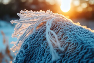 Close up of a blue blanket with frost on it