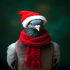 A festive pigeon wearing a red santa hat and scarf ready for christmas celebrations
