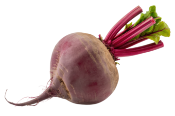 A single beetroot with its vibrant red leaves and roots, isolated on a transparent background. background removed