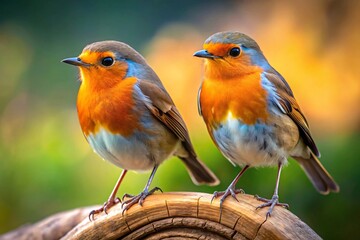 Fototapeta premium Two European robins perched on a branch, showcasing their vibrant orange breasts and detailed plumage.