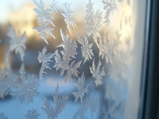 The window is frosted with snowflakes