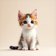 Adorable calico kitten with big eyes sitting and looking directly forward on a light background