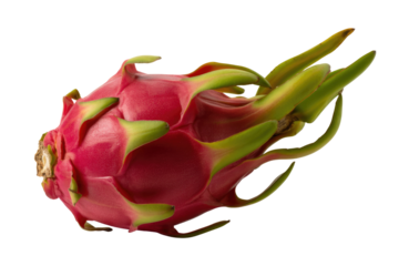 A vibrant, red dragon fruit with green scales, isolated on a transparent background. background removed