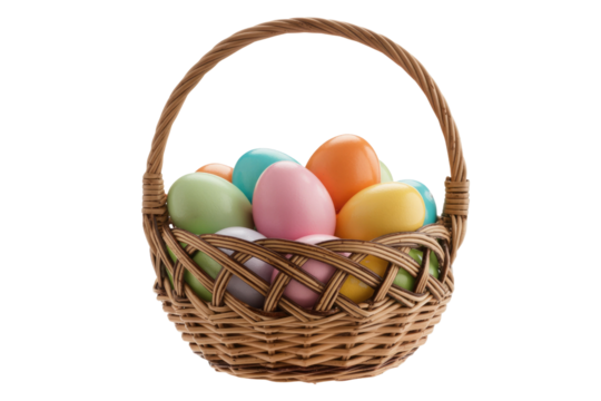 A wicker basket filled with pastel-colored Easter eggs, isolated on a transparent background. background removed - Powered by Adobe