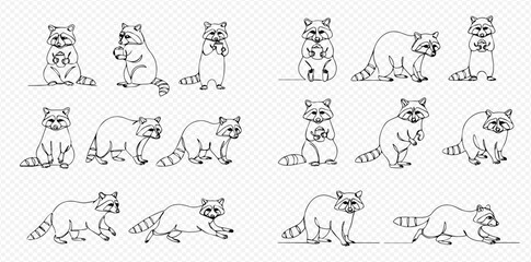 A collection of raccoon illustrations in various poses, including standing, sitting, and walking, all outlined in black.