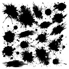 Black ink blots and splatters on white background