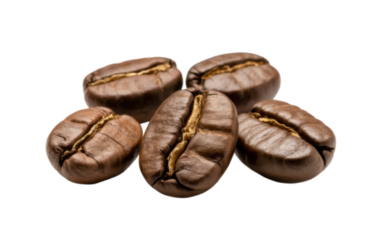 Close-up of five roasted coffee beans isolated on a transparent background. background removed - Powered by Adobe