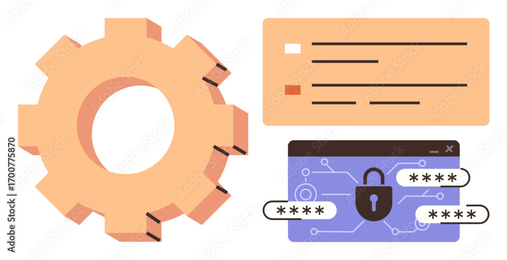 Aufkleber gear for system settings, browser window with lock and password fields for cybersecurity, and color-