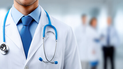 Medical professional with stethoscope in a hospital environment conveying clinical expertise primary care diagnosis and dedicated healthcare leadership guiding patient outcomes.
