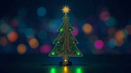 Futuristic Christmas tree made of glowing green circuit board with lights and star on top, digital holiday decoration, technology celebration concept for Christmas and New Year season