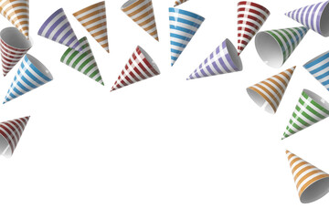 Colorful striped party hats falling on transparent background, festive design element. background removed