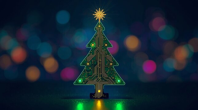 Futuristic Christmas tree made of glowing green circuit board with lights and star on top, digital holiday decoration, technology celebration concept for Christmas and New Year season