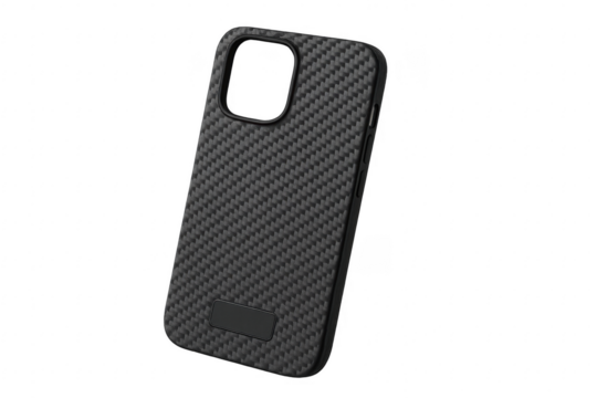 Floating phone case with carbon fiber texture on transparent background