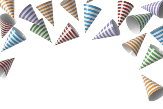 Colorful striped party hats falling on transparent background, festive design element. background removed