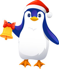 Cute penguin holding golden Christmas bell, flat vector illustration in festive style