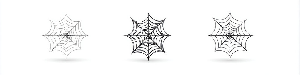 Three black and white spider web illustrations with varying line thickness on a white background, perfect for Halloween designs.