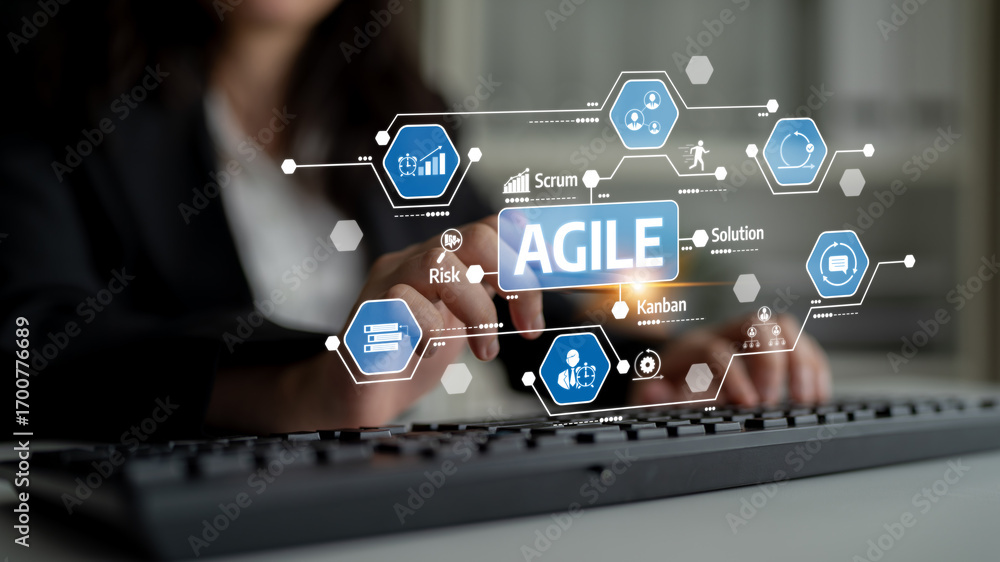Poster a business professional engages with agile methodologies in a modern office setting, showcasing conc
