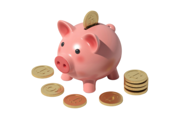 Pink piggy bank with golden coins, symbolizing savings and cryptocurrency investment. background removed