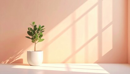 Minimalist interior scene with a potted plant and warm sunlight casting shadows on the wall.