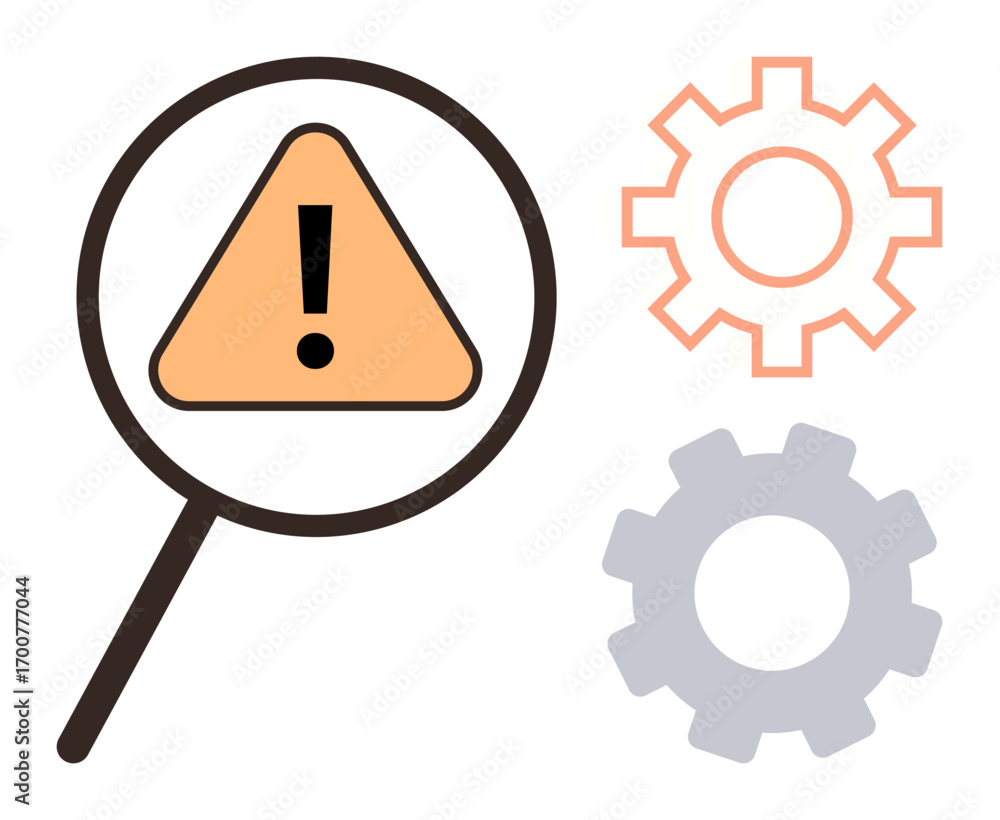 Poster magnifying glass highlighting a triangle warning sign with an exclamation mark, accompanied by two g