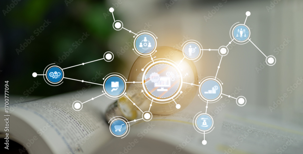 Poster a close-up image showing a light bulb placed on an open book, surrounded by icons representing vario