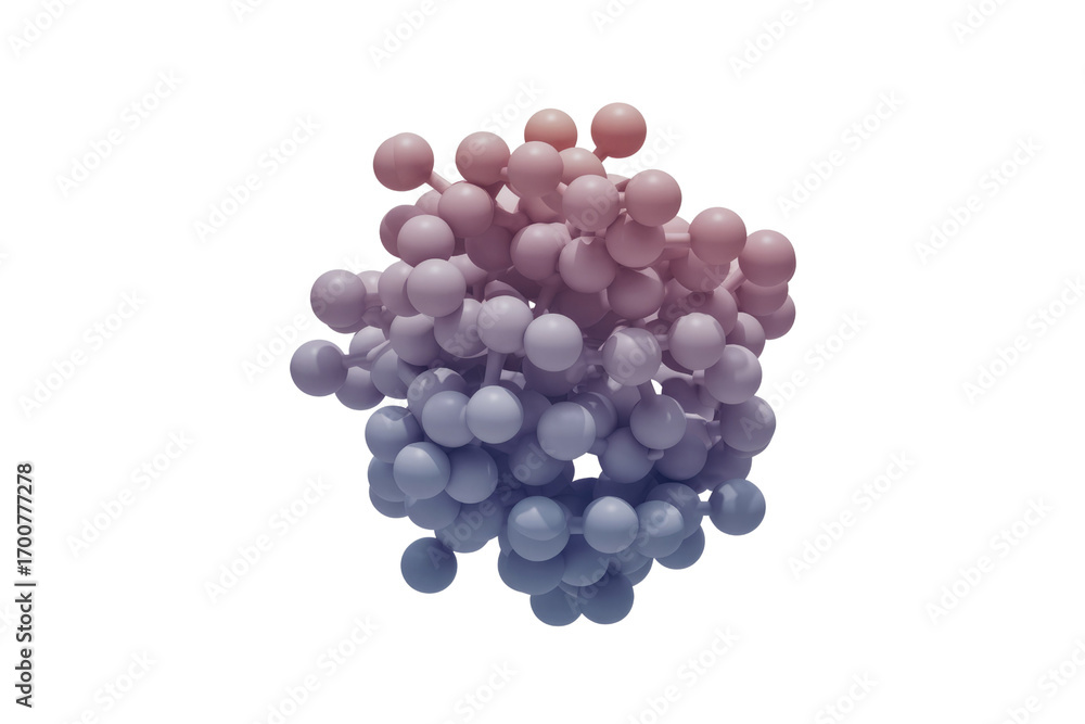 Poster abstract 3d rendering of a molecule or cluster, with interconnected spheres in a gradient of purple 