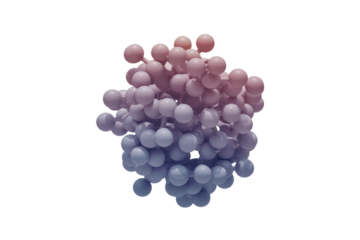 Abstract 3D rendering of a molecule or cluster, with interconnected spheres in a gradient of purple and pink hues against a transparent background. background removed