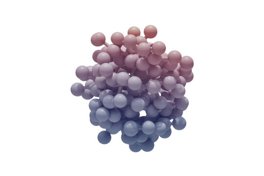 Abstract 3D rendering of a molecule or cluster, with interconnected spheres in a gradient of purple and pink hues against a transparent background. background removed - Powered by Adobe