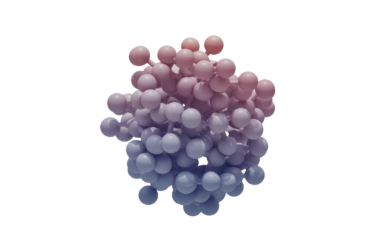 Abstract 3D rendering of a molecule or cluster, with interconnected spheres in a gradient of purple and pink hues against a transparent background. background removed - Powered by Adobe