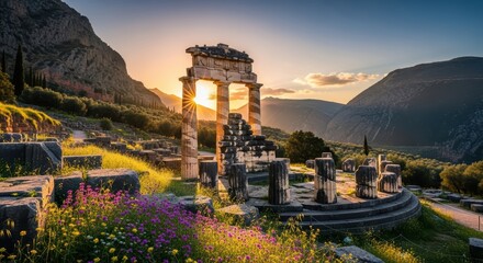 Ancient greek ruins at sunrise in delphi with mountainous landscape and vibrant wildflowers