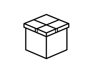 A simple, three-dimensional illustration of a gift box with a visible ribbon or wrapping on its top, presented in a clean, bold black outline against a white backdrop.