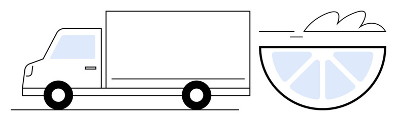 Delivery truck and citrus slice suggesting fresh produce distribution. Ideal for food logistics, supply chain, shipping efficiency, healthy food delivery, organic farming, transportation, simple flat