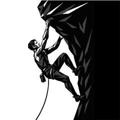 Rock climber hanging on a cliff edge in angular shapes