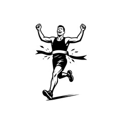 Runner crossing the finish line with tape breaking effect