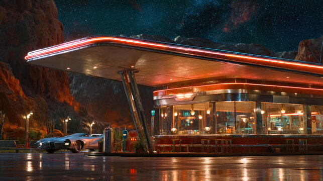 Vibrant neon diner on Mars, featuring sleek car parked outside under starry sky. warm glow of diner contrasts with rocky landscape, creating futuristic yet nostalgic atmosphere - Powered by Adobe