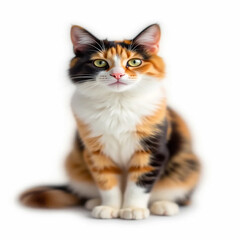 Beautiful calico cat sitting and looking directly at the camera on a white background