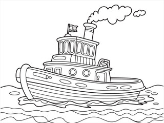 Fototapeta premium Black and white line art illustration of steam tugboat on water
