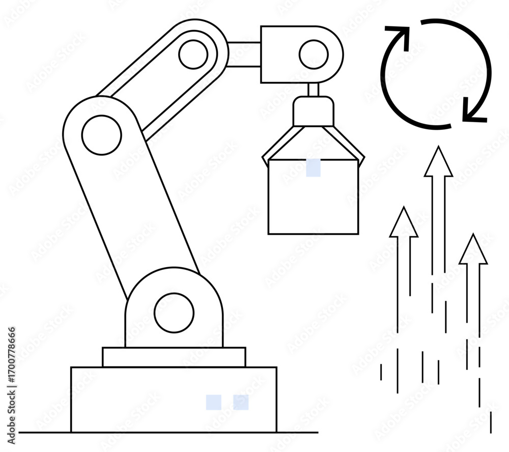 Poster industrial robotic arm picking and placing items, arrows indicating motion and progress, circular ar