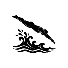 Swimmer diving into waves with splash shapes