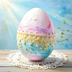 Ornate pastel Easter egg on lace doily