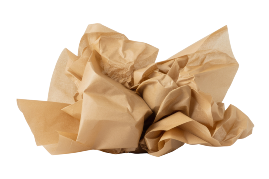 A crumpled mass of light brown tissue paper, isolated on a transparent background. background removed