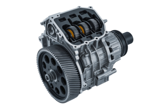 Detailed cutaway illustration of a vehicle's transmission system showcasing internal gears and components. background removed