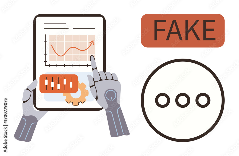 Poster robotic hands interact with a tablet displaying falsified growth data as a fake alert looms above. i