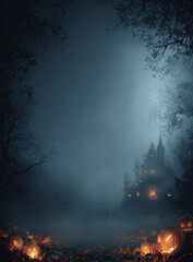 A spooky Halloween scene featuring a haunted castle shrouded in mist, surrounded by glowing jack-o'-lanterns and dark, bare trees.