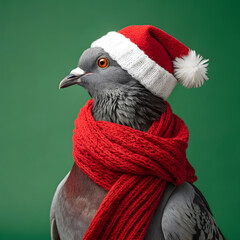 A pigeon wearing a santa hat and red scarf against a green background