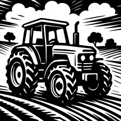 Tractor in farmland style with big wheels and simple body