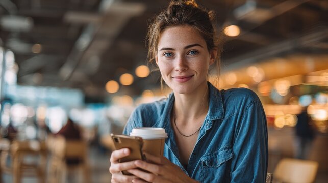 young beautiful woman holding coffee paper cup and looking at smartphone while sitting at cafeteria happy university student girl using mobile phone businesswoman drinking coffee and smiling no logos - Powered by Adobe