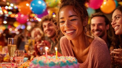 a person celebrating a birthday with friends festive atmosphere colorful decorations